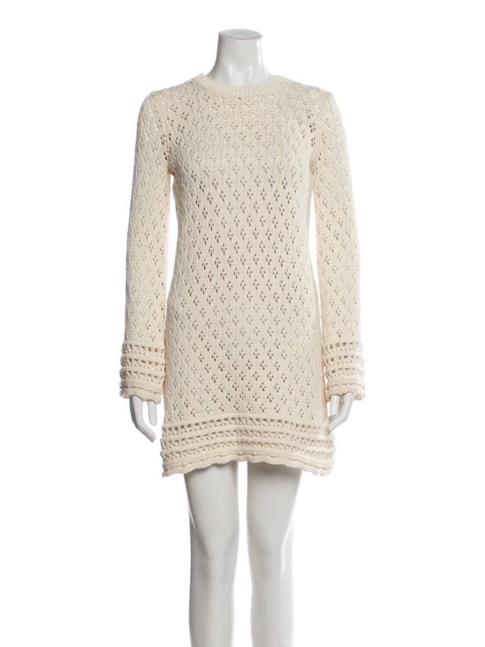 Frame Denim Cream Crochet Knit Long-Sleeve Mini Dress